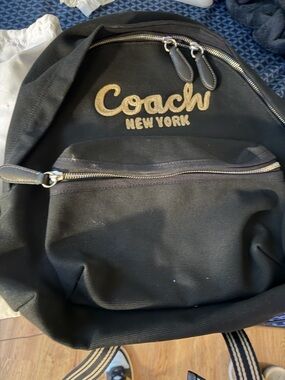 Coach Black Canvas Backpack with Gold Logo Stitching